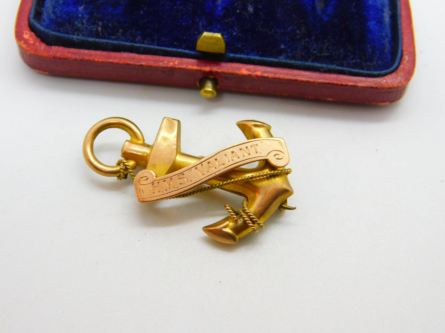 WWI 9ct Rose Gold 'HMS Valiant' Anchor Form Sweetheart Brooch Antique c1915