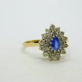9ct Yellow Gold, 0.3ct Sapphire & Diamond Pear Shaped Cluster Ring Vintage 1991