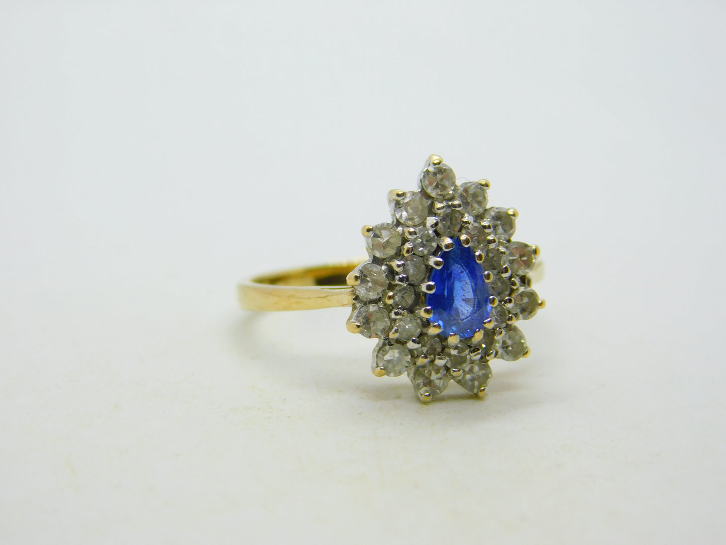 9ct Yellow Gold, 0.3ct Sapphire & Diamond Pear Shaped Cluster Ring Vintage 1991