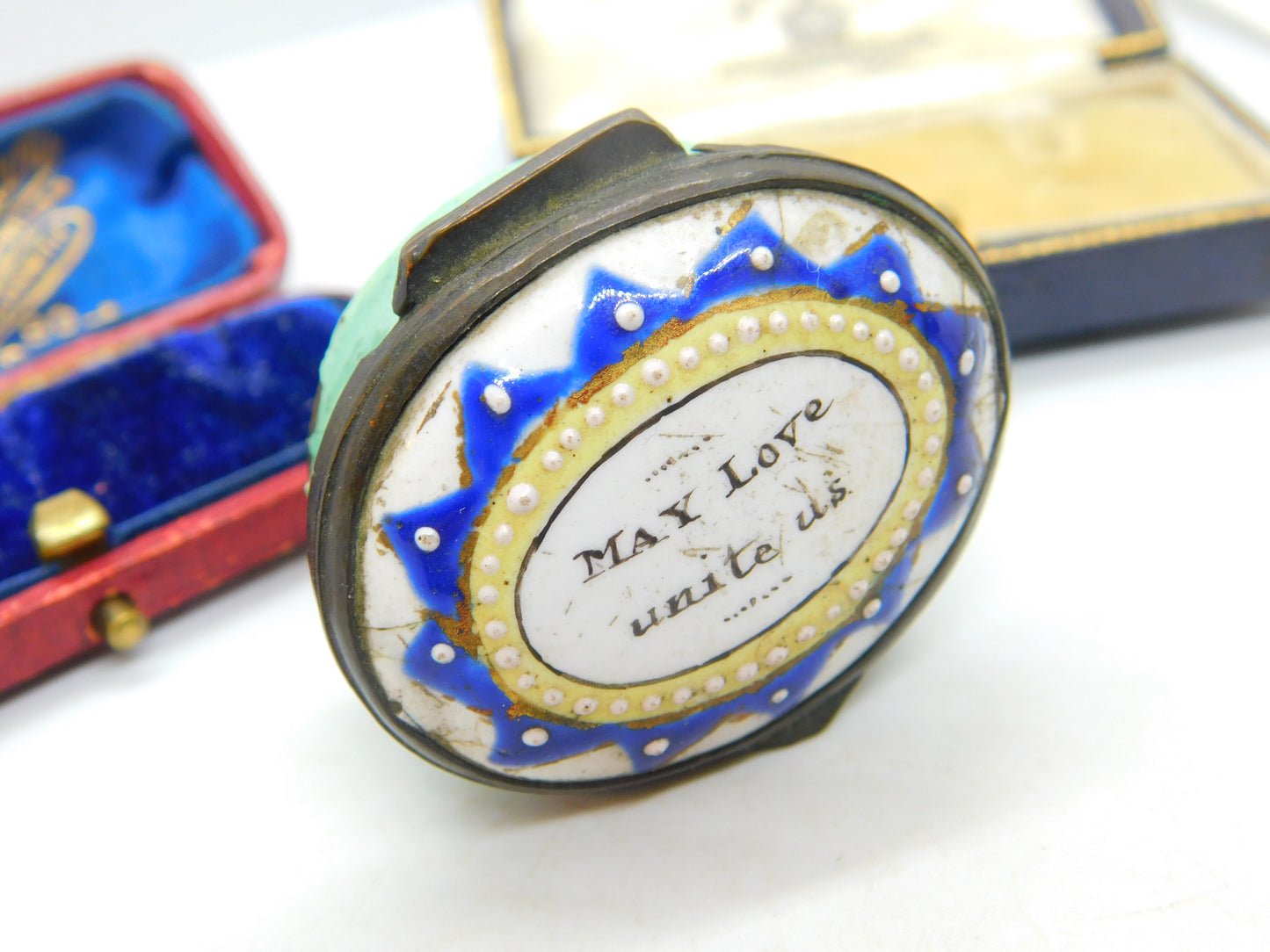 Georgian Bilston Enamel 'May Love Unite Us' Patch Box Antique c1800 AF