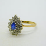 9ct Yellow Gold, 0.3ct Sapphire & Diamond Pear Shaped Cluster Ring Vintage 1991