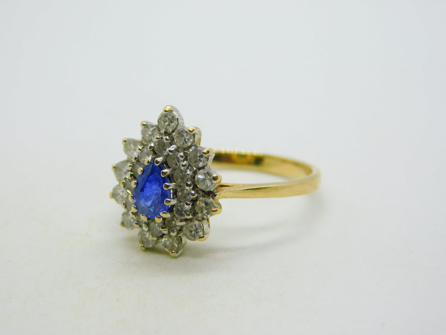 9ct Yellow Gold, 0.3ct Sapphire & Diamond Pear Shaped Cluster Ring Vintage 1991