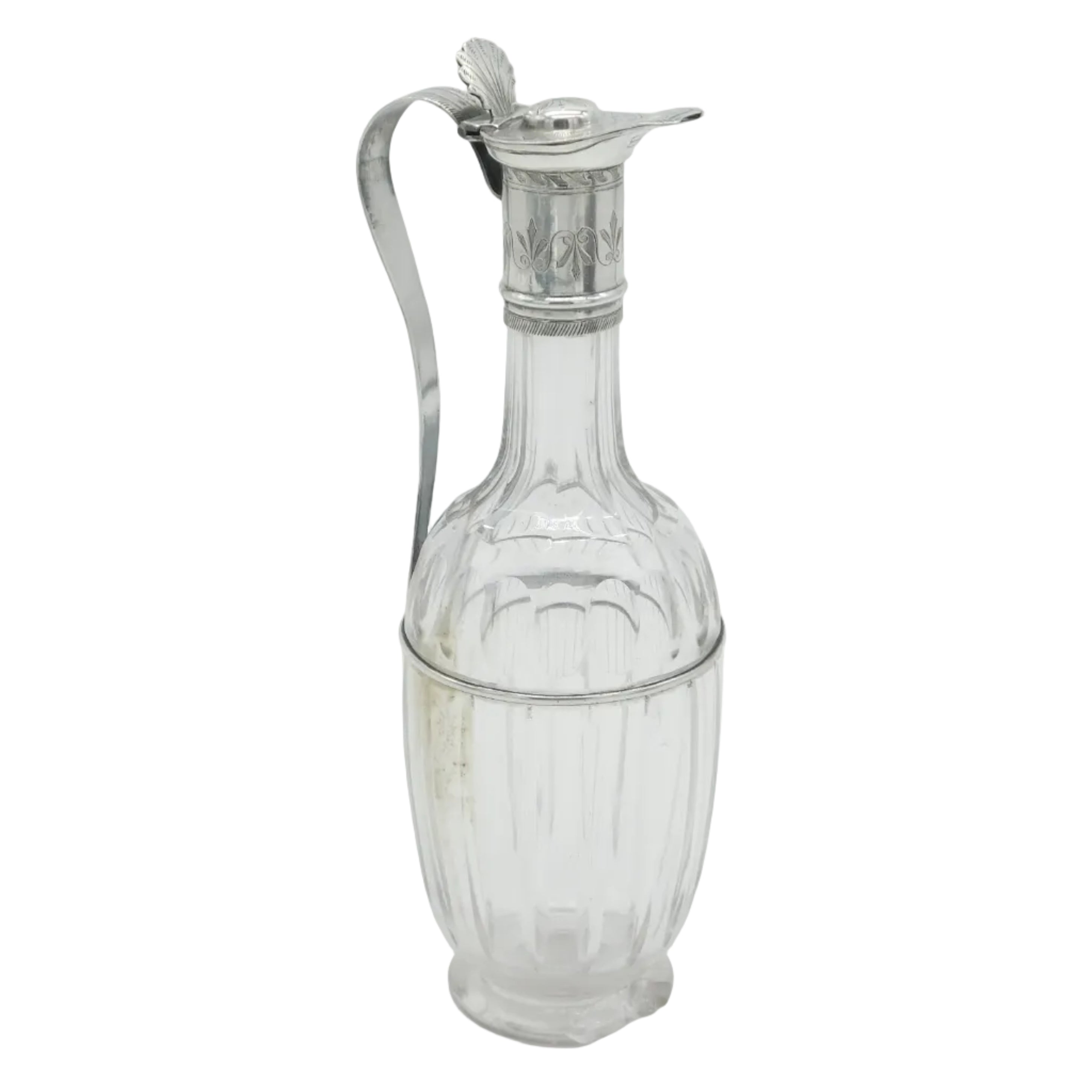 Antique sterling silver topped cut glass cruet sauce jug with a handle and stopper, hallmarked Birmingham 1785.