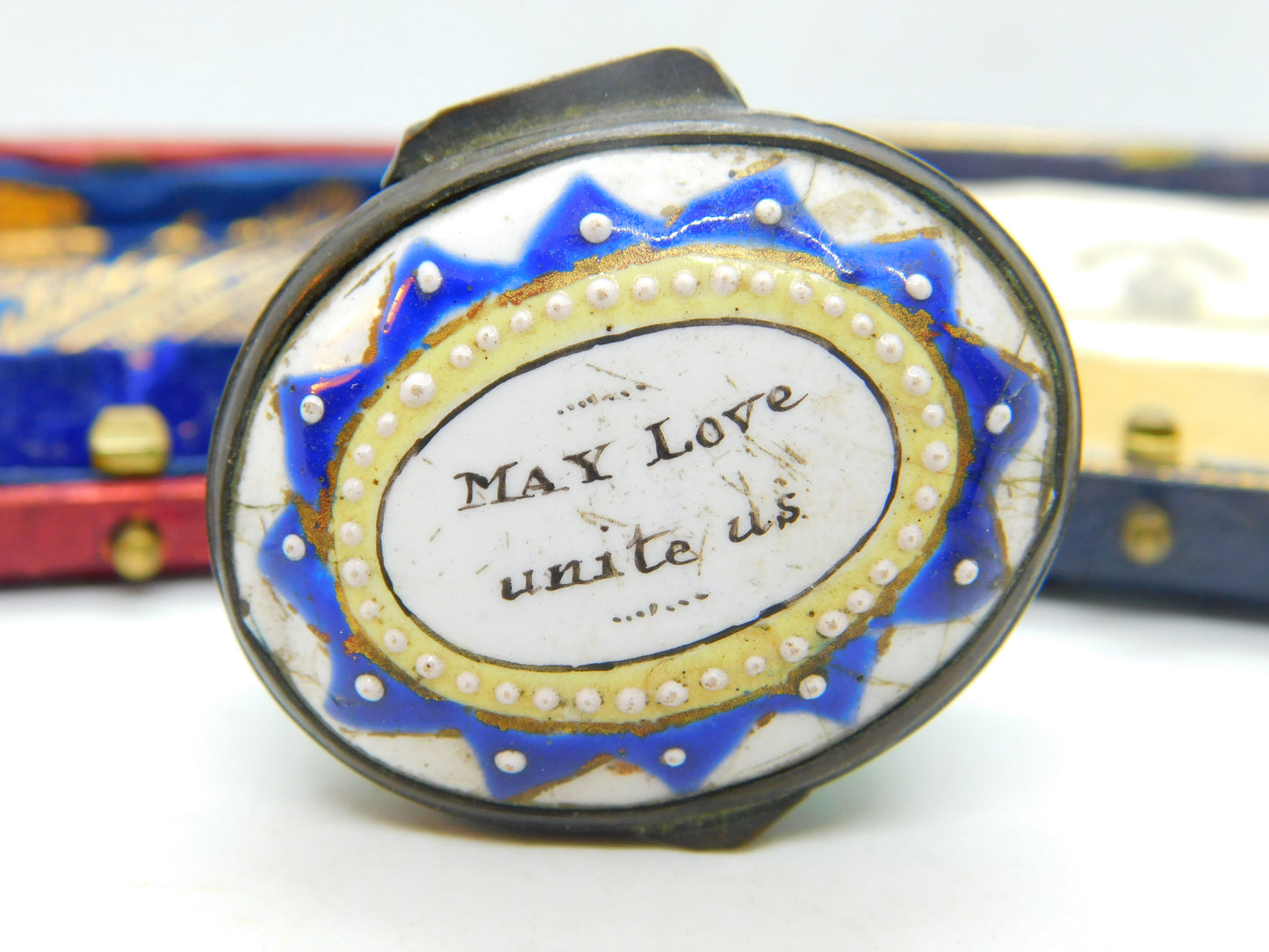 Georgian Bilston Enamel 'May Love Unite Us' Patch Box Antique c1800 AF