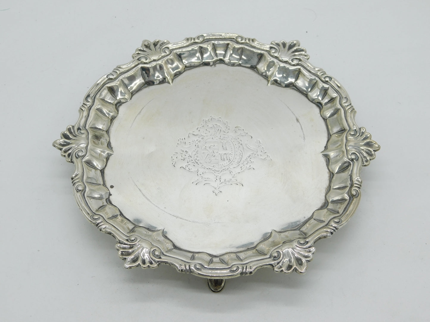 George II Sterling Silver Armorial Crested Salver Dish Antique 1756 London