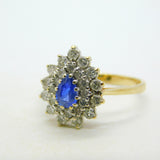 9ct Yellow Gold, 0.3ct Sapphire & Diamond Pear Shaped Cluster Ring Vintage 1991