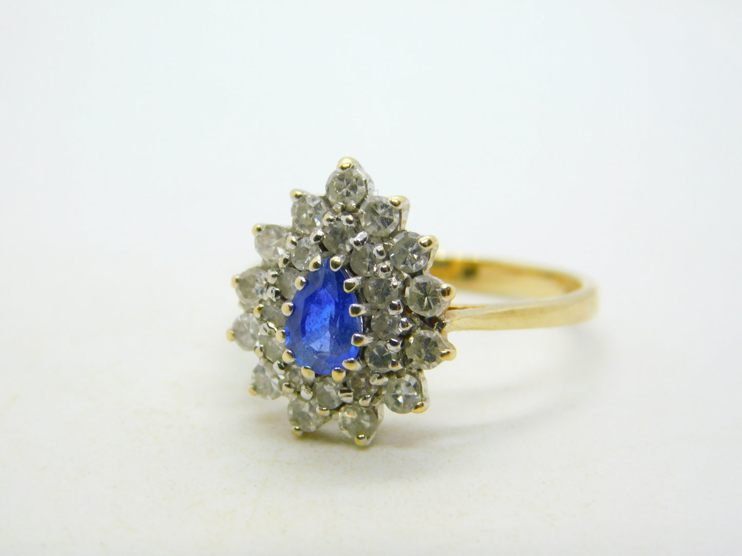 9ct Yellow Gold, 0.3ct Sapphire & Diamond Pear Shaped Cluster Ring Vintage 1991