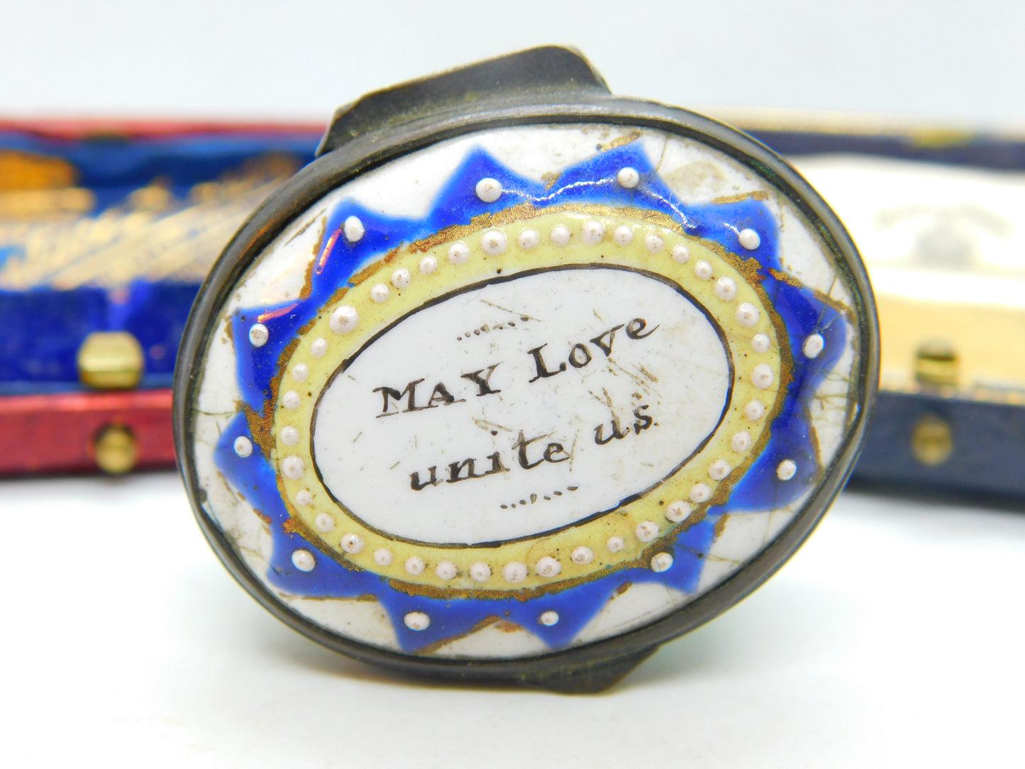 Georgian Bilston Enamel 'May Love Unite Us' Patch Box Antique c1800 AF