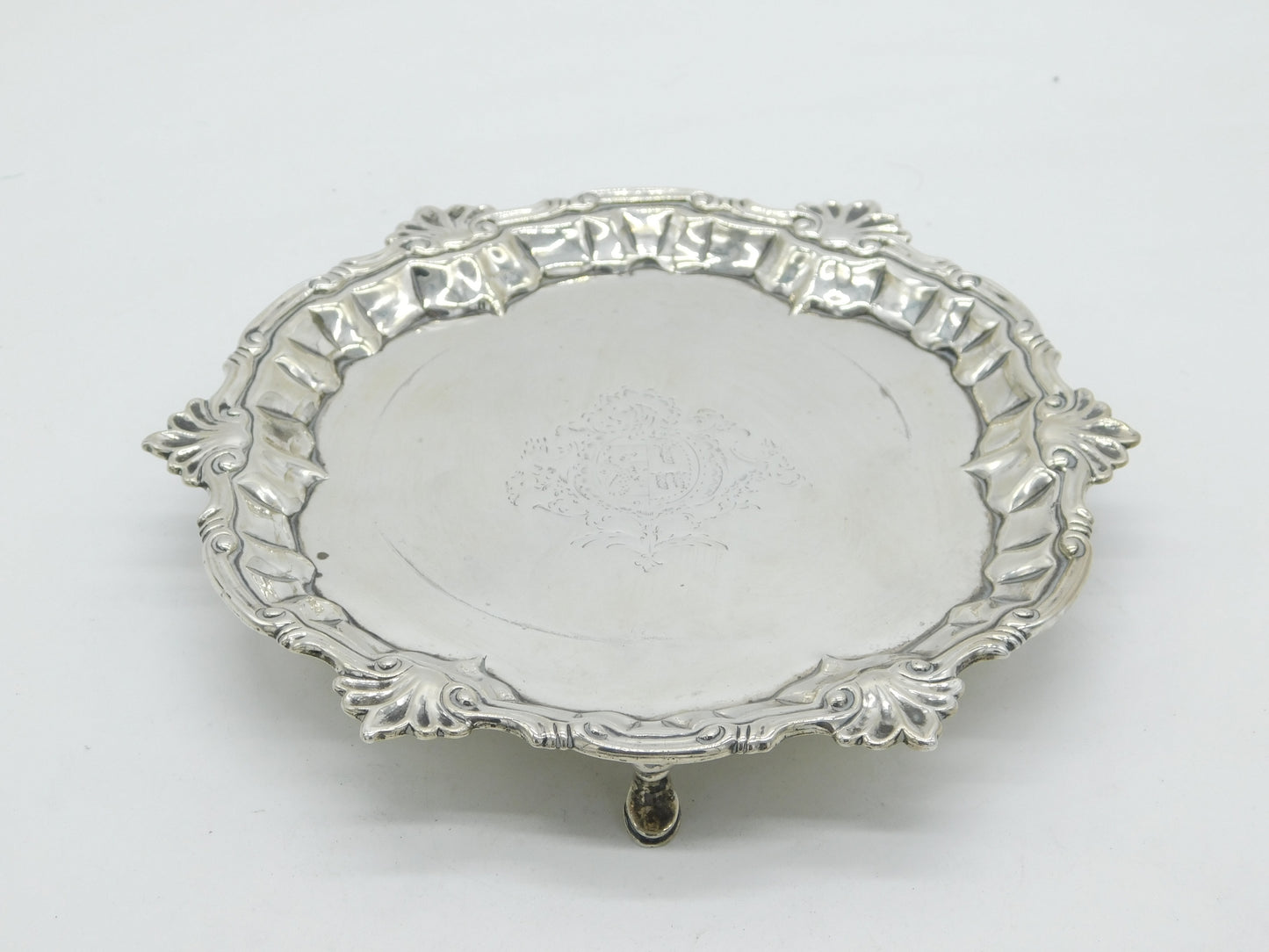 George II Sterling Silver Armorial Crested Salver Dish Antique 1756 London