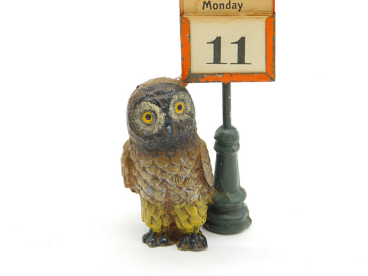 Cold Painted Spelter Novelty Owl & Lamppost Desk Calendar Antique c1920 Deco