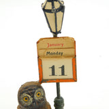 Cold Painted Spelter Novelty Owl & Lamppost Desk Calendar Antique c1920 Deco