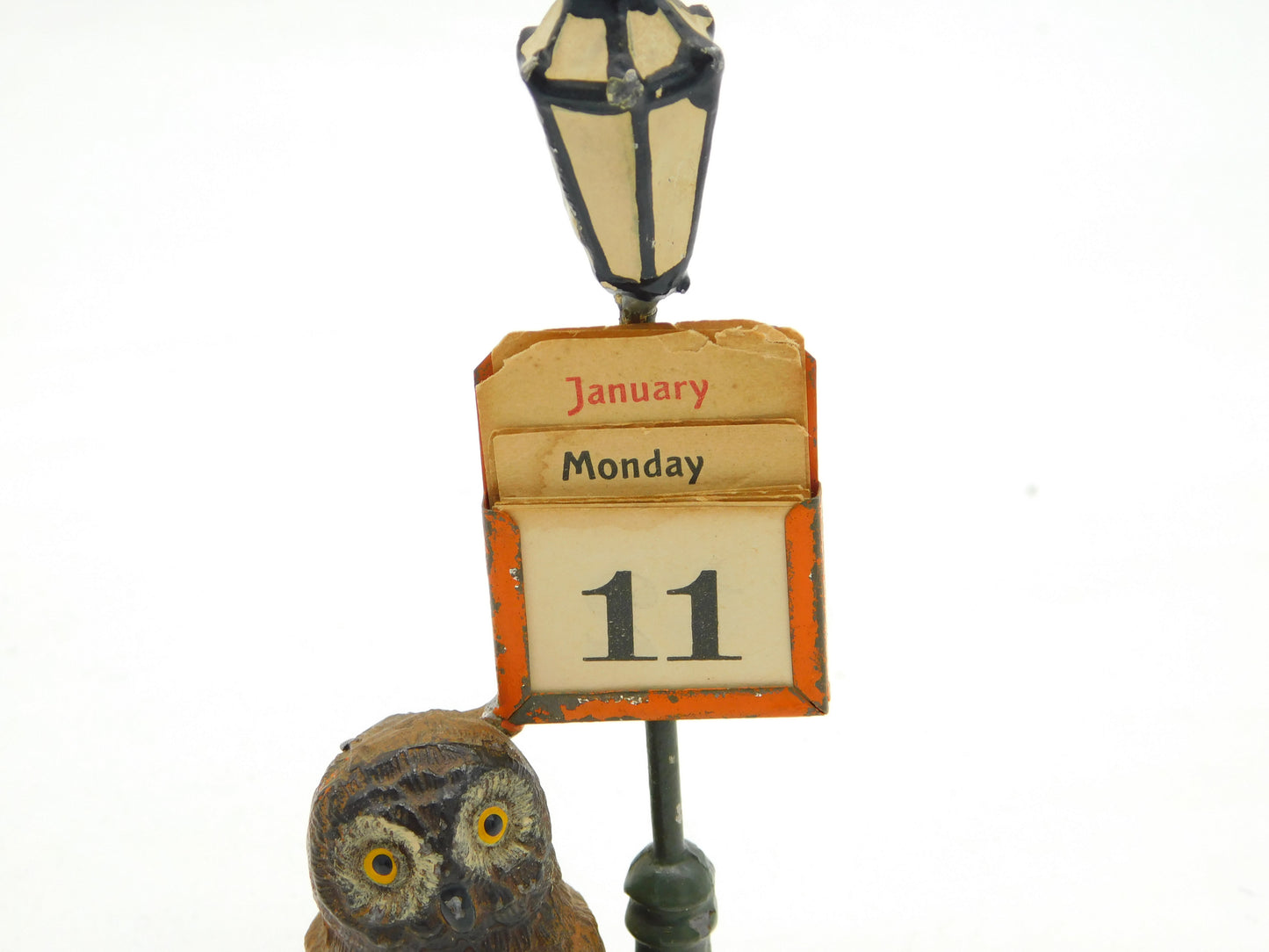 Cold Painted Spelter Novelty Owl & Lamppost Desk Calendar Antique c1920 Deco