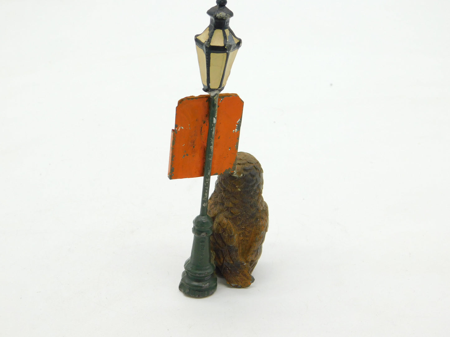 Cold Painted Spelter Novelty Owl & Lamppost Desk Calendar Antique c1920 Deco