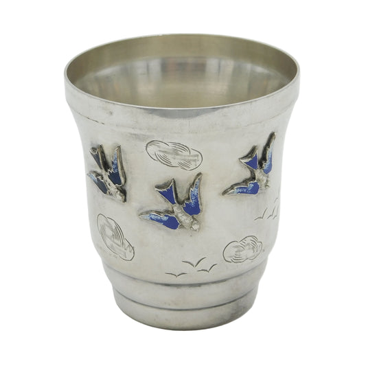 20th Century Continental Silver Enamel Swallow Christening Beaker Antique c1920