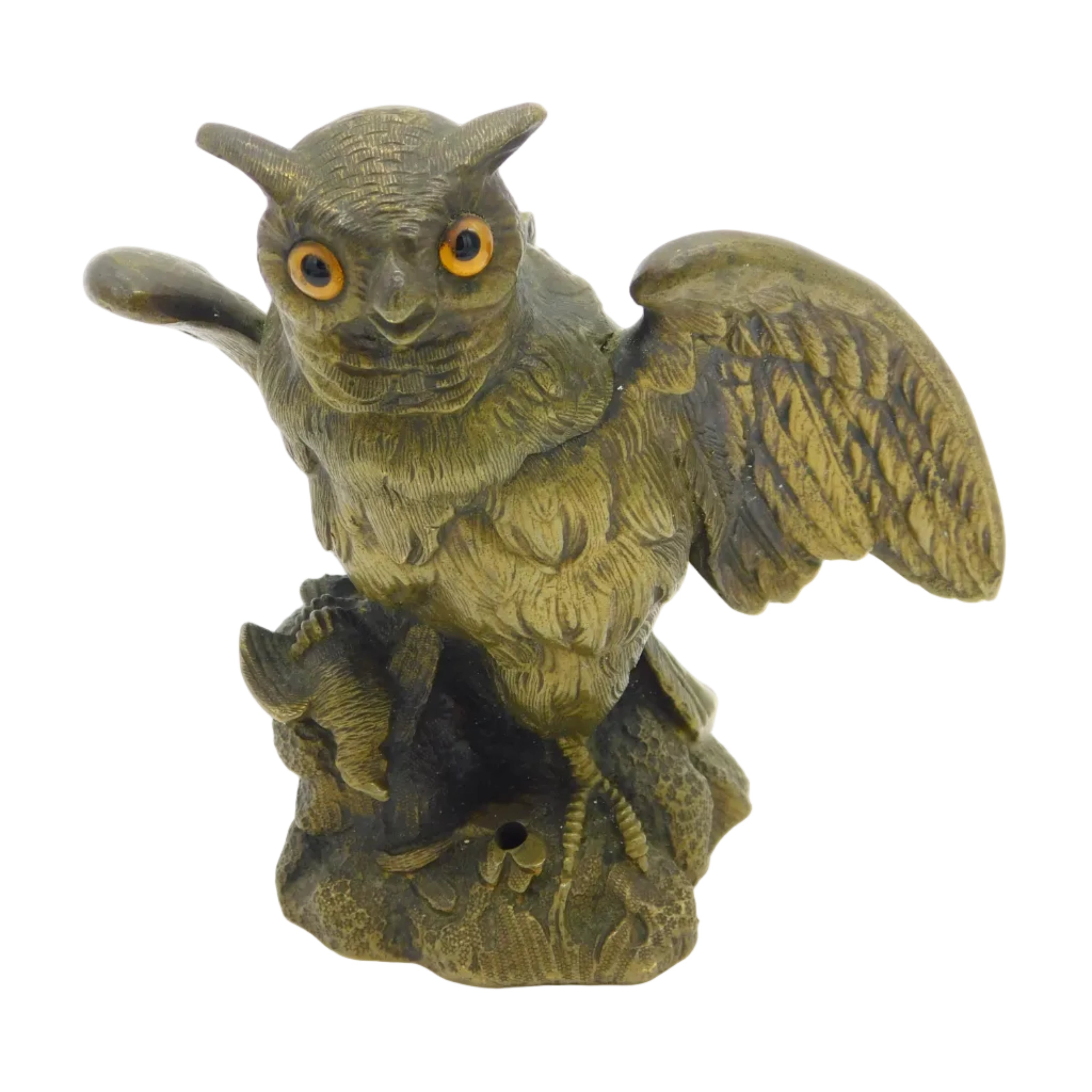 Antique Victorian cast bronze novelty desktop inkwell featuring a night owl design, c1880.