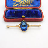9ct Yellow Gold & Large Blue Topaz Bar Brooch Antique c1920 Art Deco
