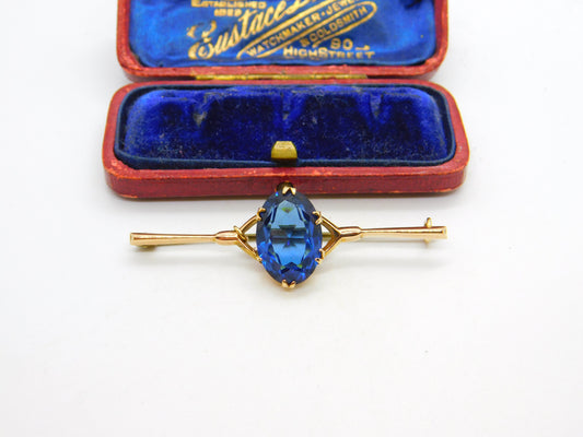 9ct Yellow Gold & Large Blue Topaz Bar Brooch Antique c1920 Art Deco