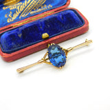 9ct Yellow Gold & Large Blue Topaz Bar Brooch Antique c1920 Art Deco