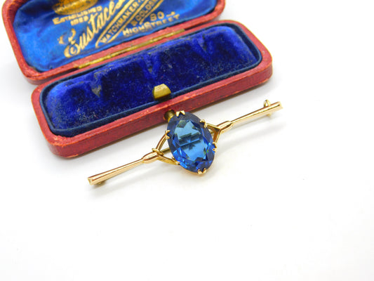 9ct Yellow Gold & Large Blue Topaz Bar Brooch Antique c1920 Art Deco