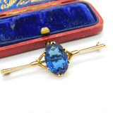 9ct Yellow Gold & Large Blue Topaz Bar Brooch Antique c1920 Art Deco
