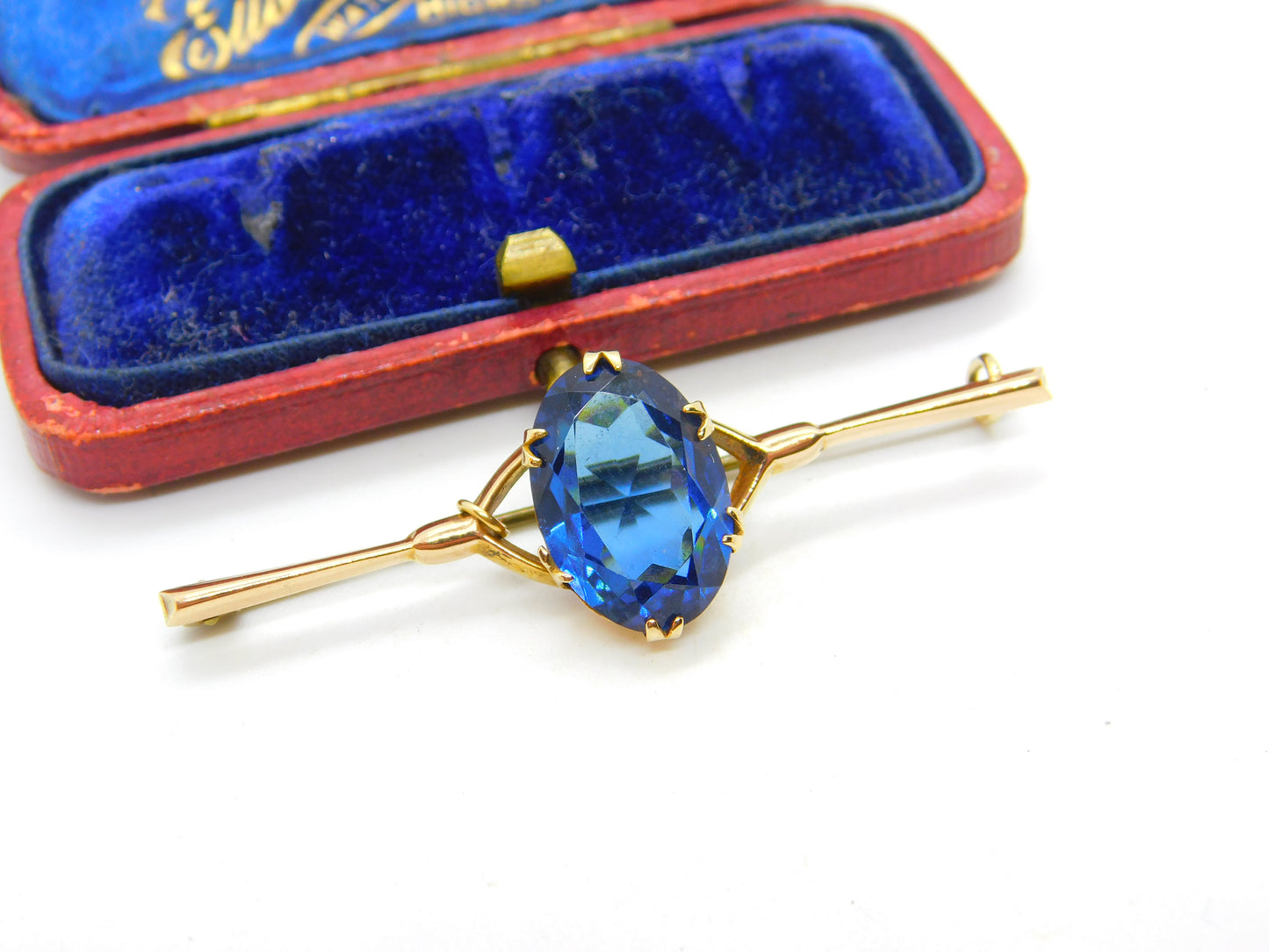 9ct Yellow Gold & Large Blue Topaz Bar Brooch Antique c1920 Art Deco