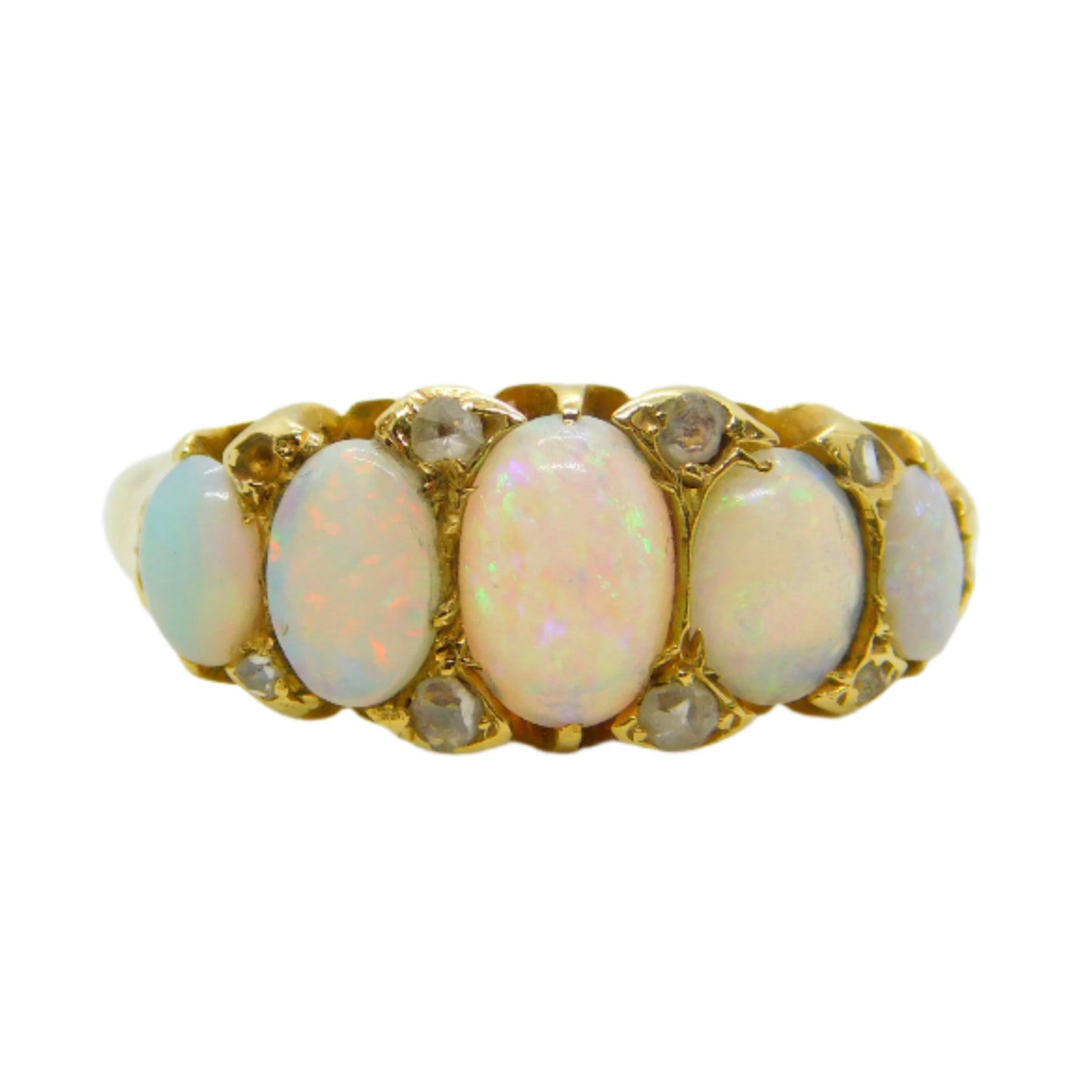 Victorian 18ct Gold Graduating Five-Stone Opal & Diamond Boat Ring Antique c1880