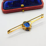 9ct Yellow Gold & Large Blue Topaz Bar Brooch Antique c1920 Art Deco