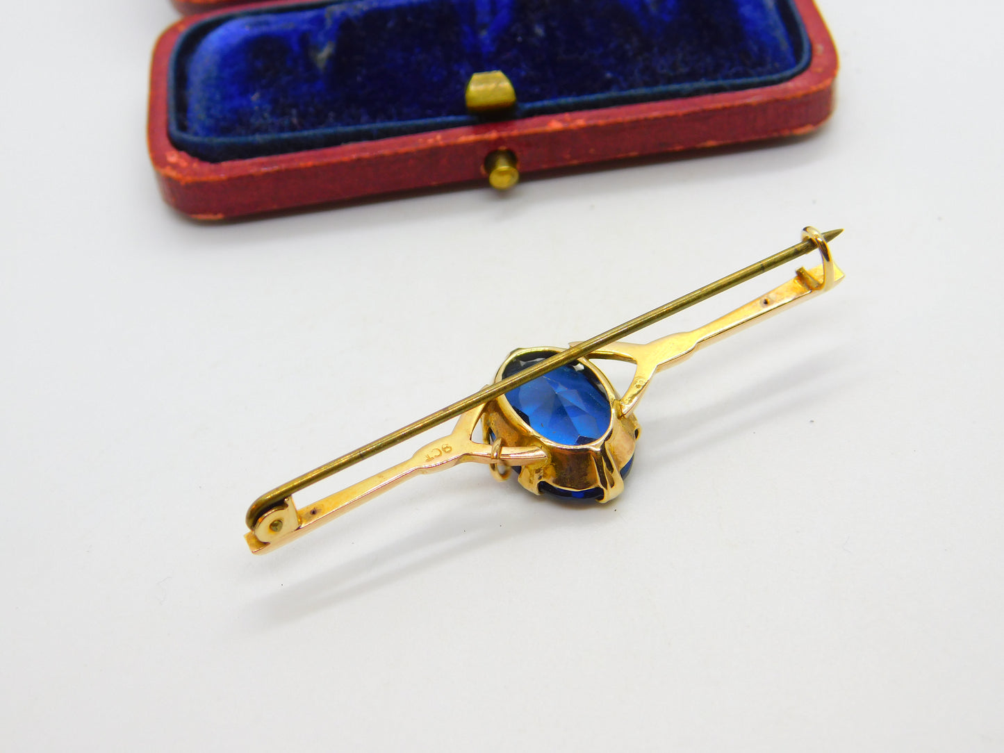 9ct Yellow Gold & Large Blue Topaz Bar Brooch Antique c1920 Art Deco