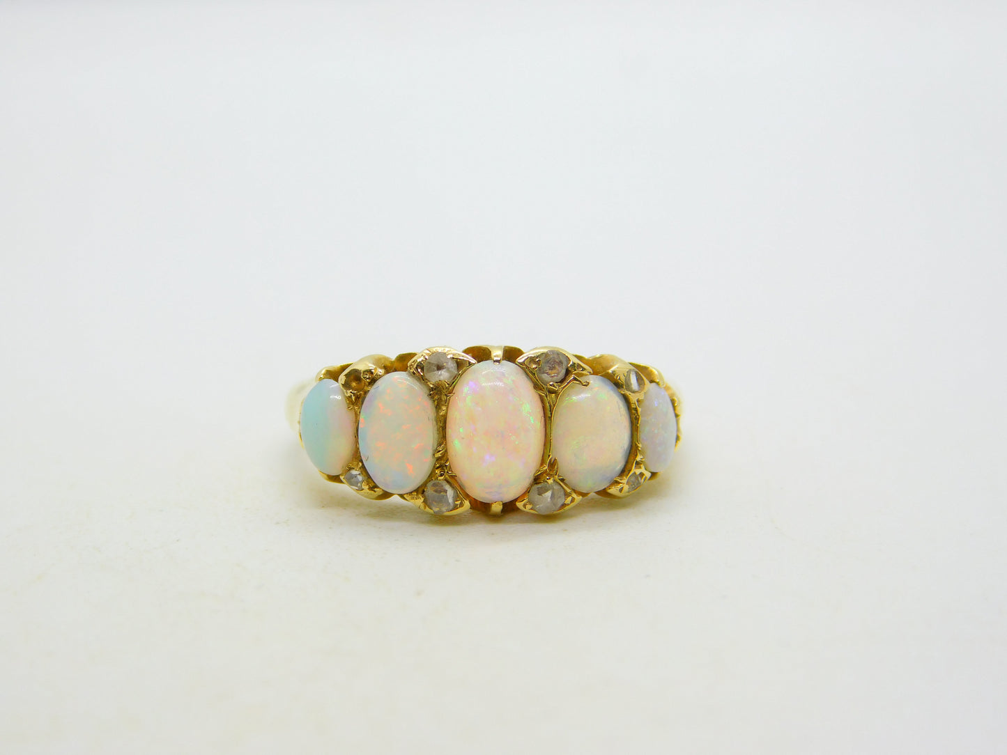 Victorian 18ct Gold Graduating Five-Stone Opal & Diamond Boat Ring Antique c1880