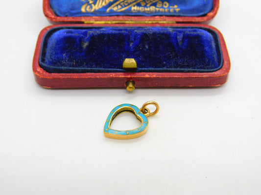 Edwardian 9ct Yellow Gold & Blue Enamel Heart Frame Pendant Antique c1910