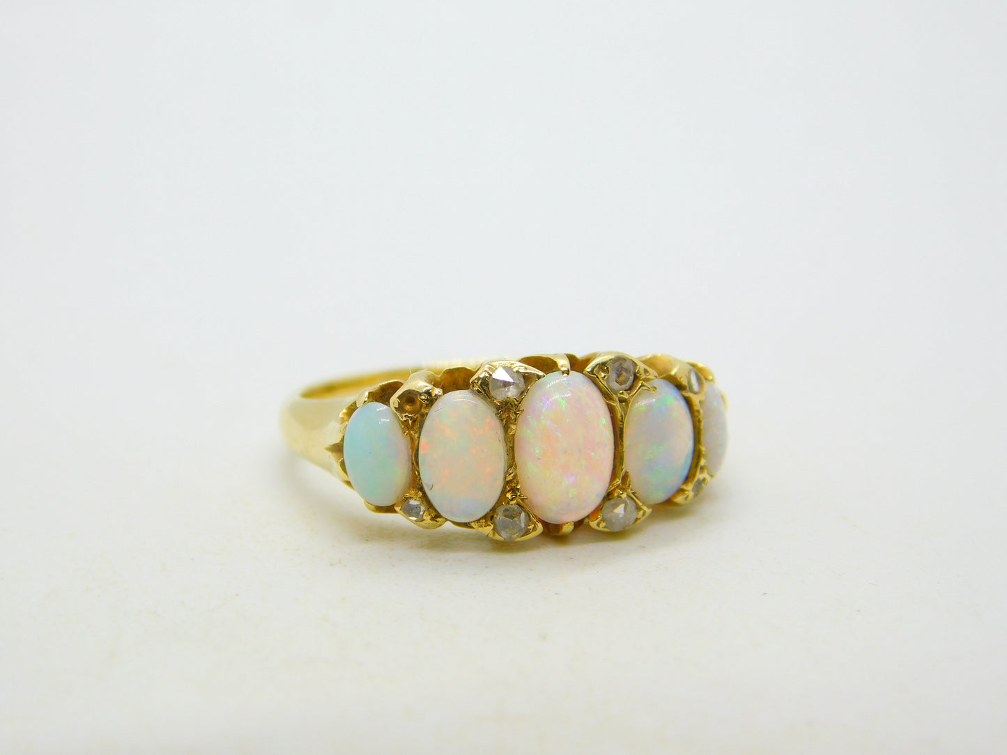 Victorian 18ct Gold Graduating Five-Stone Opal & Diamond Boat Ring Antique c1880