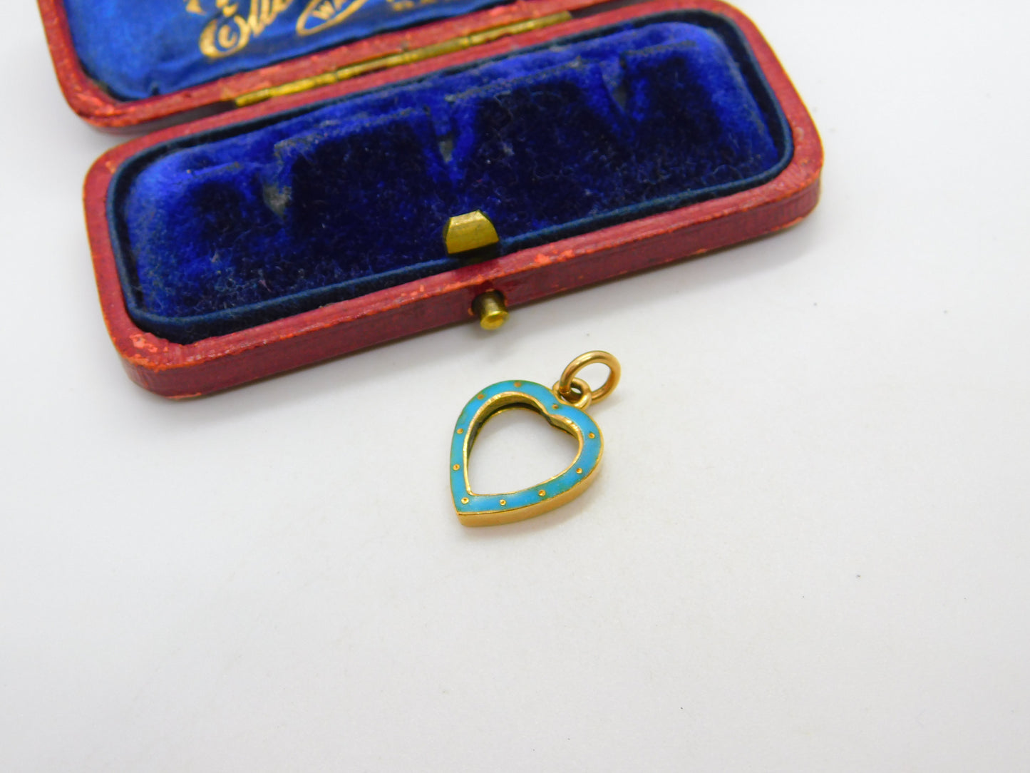 Edwardian 9ct Yellow Gold & Blue Enamel Heart Frame Pendant Antique c1910