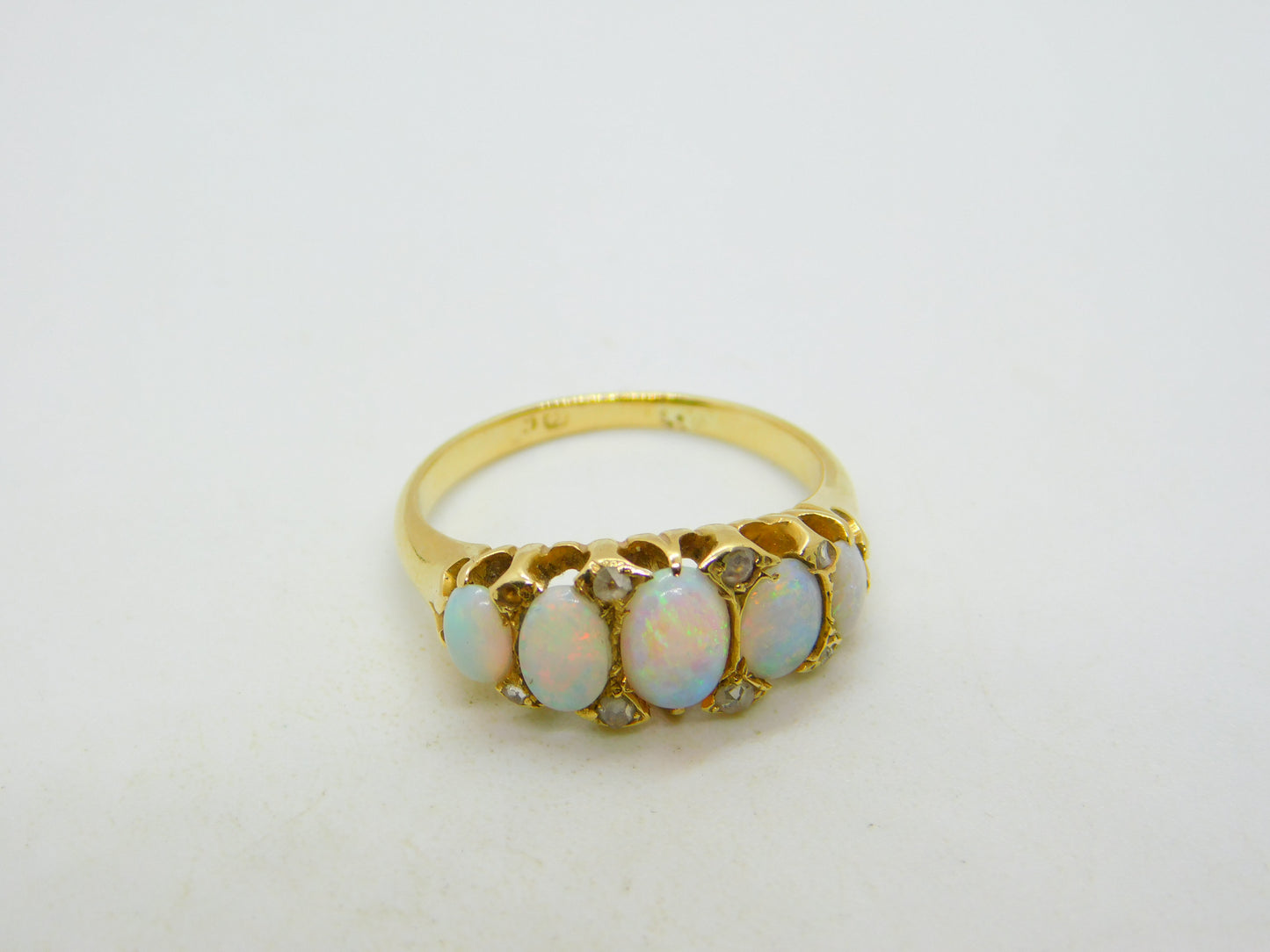 Victorian 18ct Gold Graduating Five-Stone Opal & Diamond Boat Ring Antique c1880