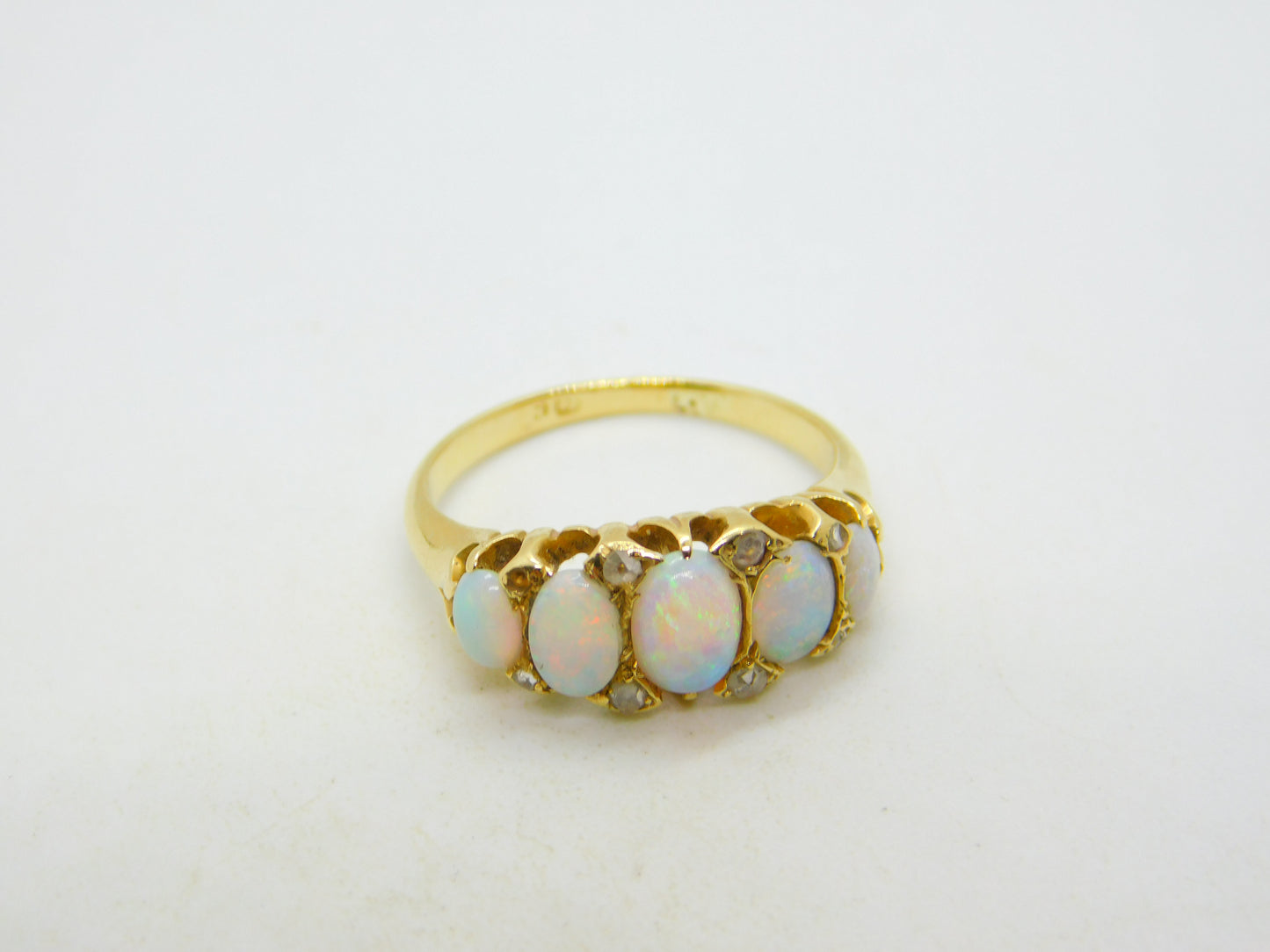 Victorian 18ct Gold Graduating Five-Stone Opal & Diamond Boat Ring Antique c1880