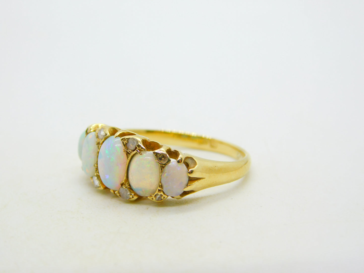 Victorian 18ct Gold Graduating Five-Stone Opal & Diamond Boat Ring Antique c1880