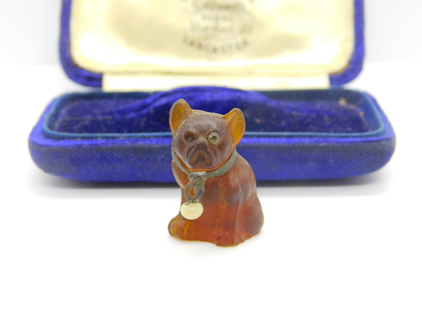 Czechoslovakian Amber Glass Pug Dog Cracker Charm or Keepsake Antique c1920