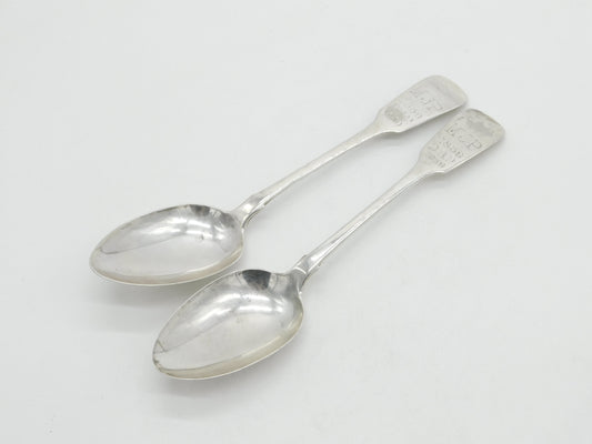 Victorian Irish Sterling Silver Rat Tail Serving Spoon Pair 1839 Dublin Antique