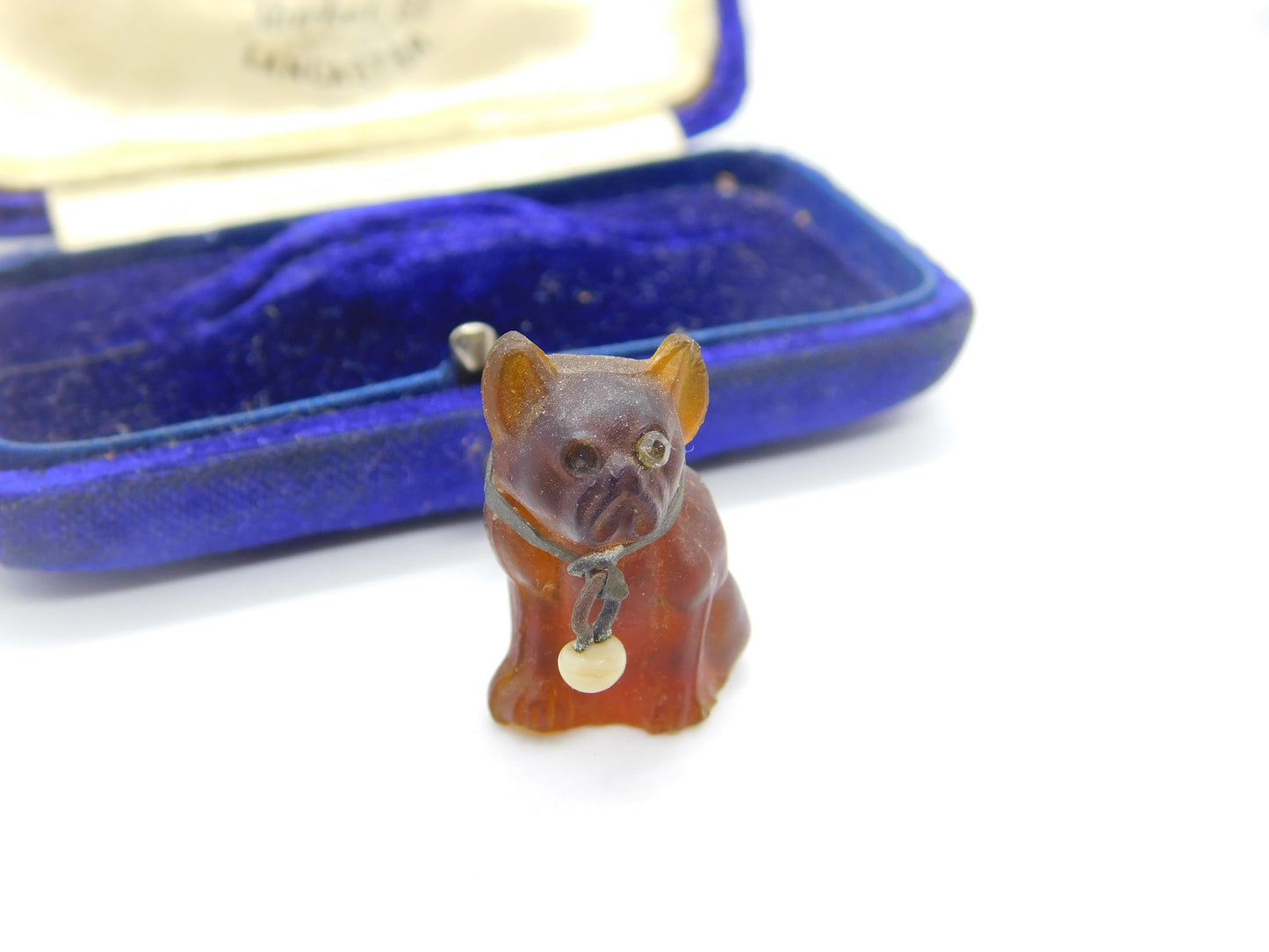 Czechoslovakian Amber Glass Pug Dog Cracker Charm or Keepsake Antique c1920