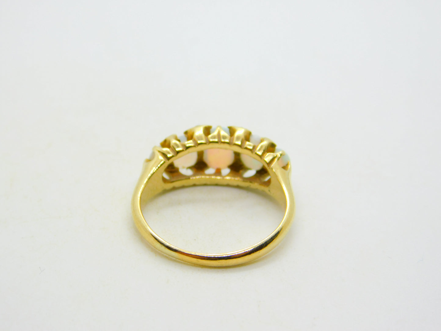 Victorian 18ct Gold Graduating Five-Stone Opal & Diamond Boat Ring Antique c1880