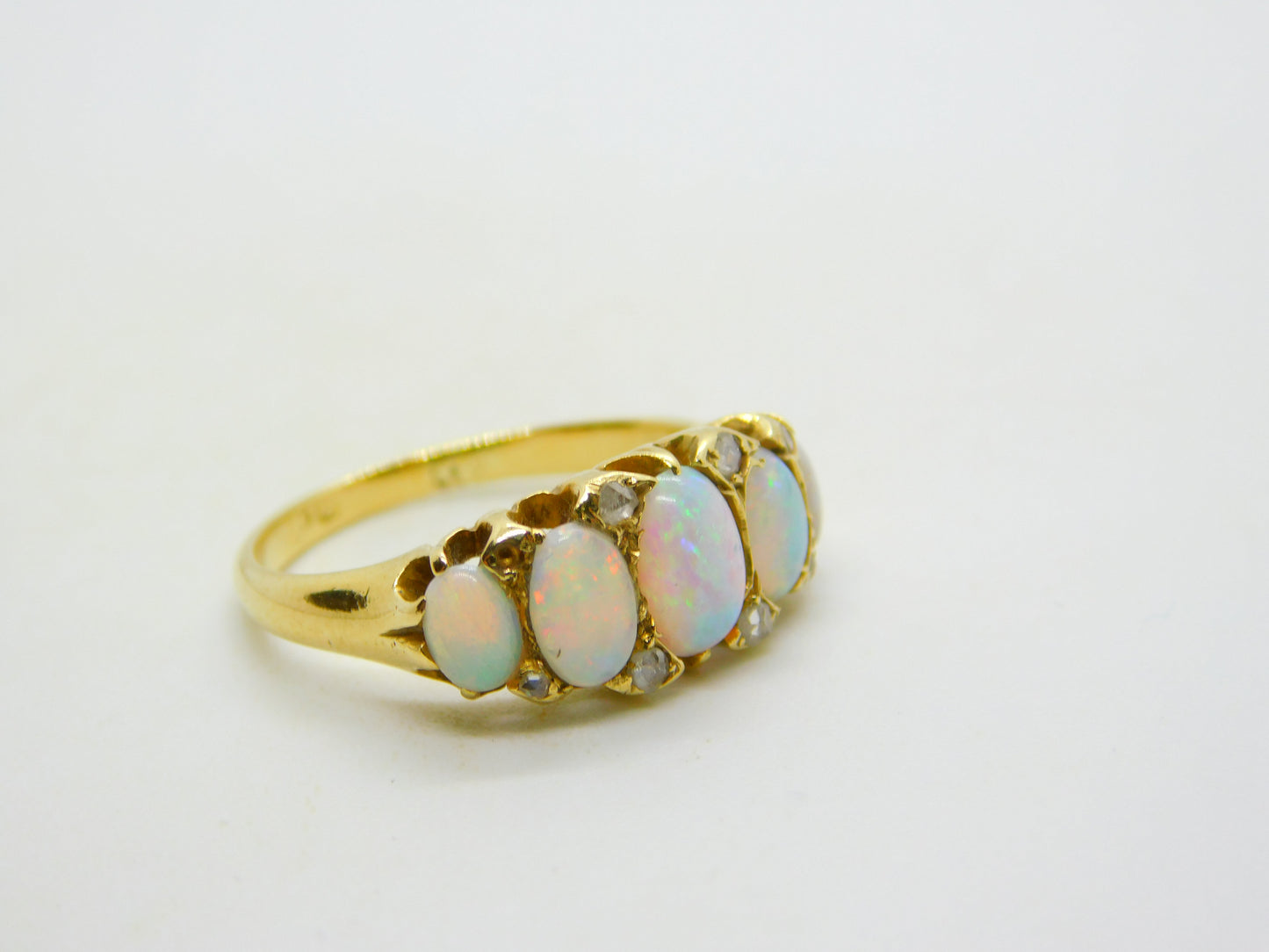Victorian 18ct Gold Graduating Five-Stone Opal & Diamond Boat Ring Antique c1880