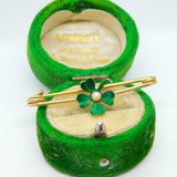 Victorian 15ct Gold, Green Enamel & Seed Pearl Shamrock Brooch Antique c1880
