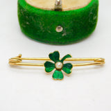 Victorian 15ct Gold, Green Enamel & Seed Pearl Shamrock Brooch Antique c1880