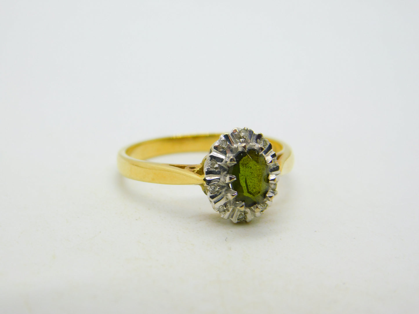 18ct Yellow Gold, Green Tourmaline & Diamond Floral Cluster Ring Vintage 1972 London