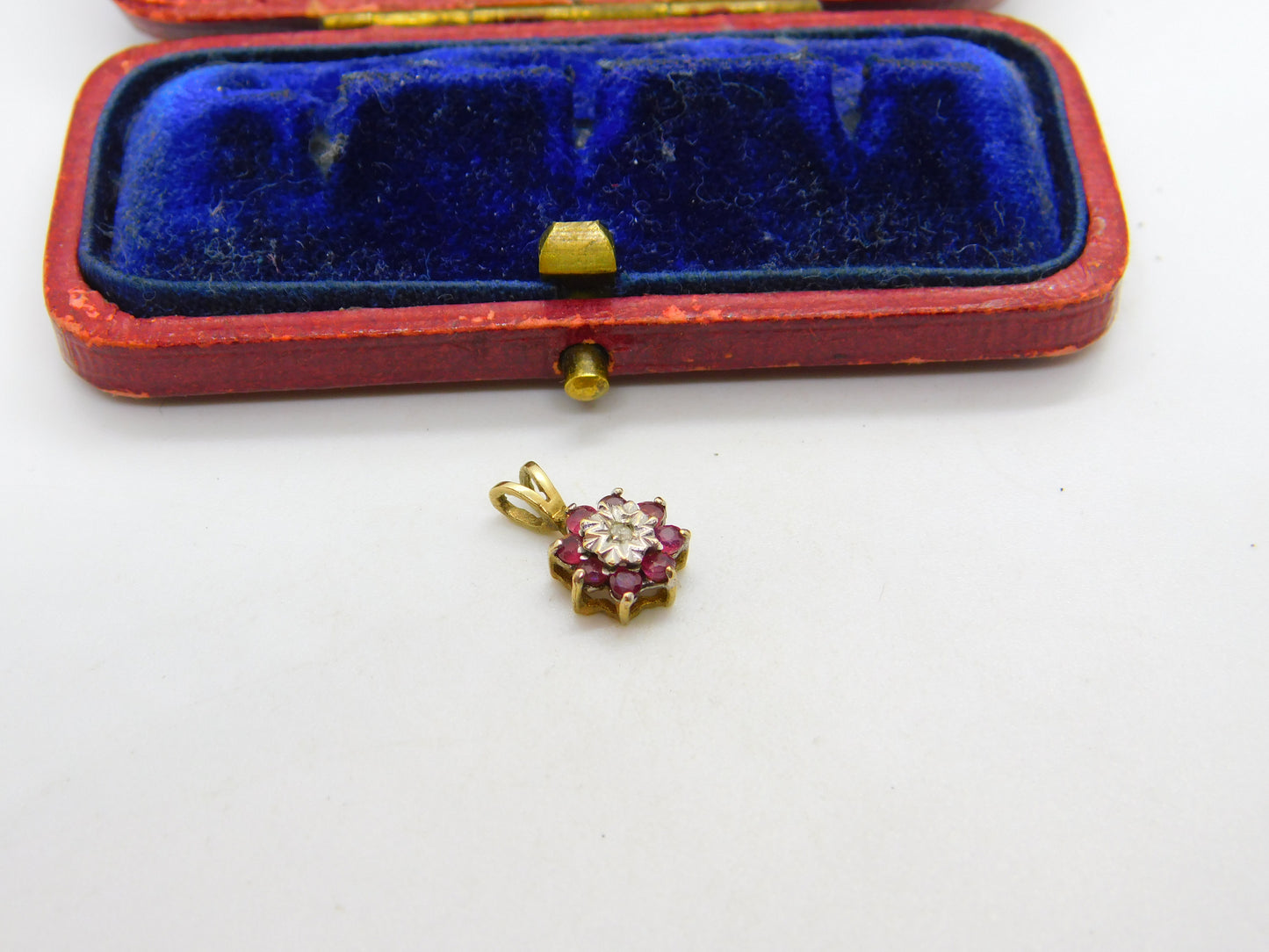 9ct Yellow Gold, Ruby & Diamond Floral Cluster Drop Pendant 1989 London