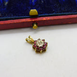 9ct Yellow Gold, Ruby & Diamond Floral Cluster Drop Pendant 1989 London