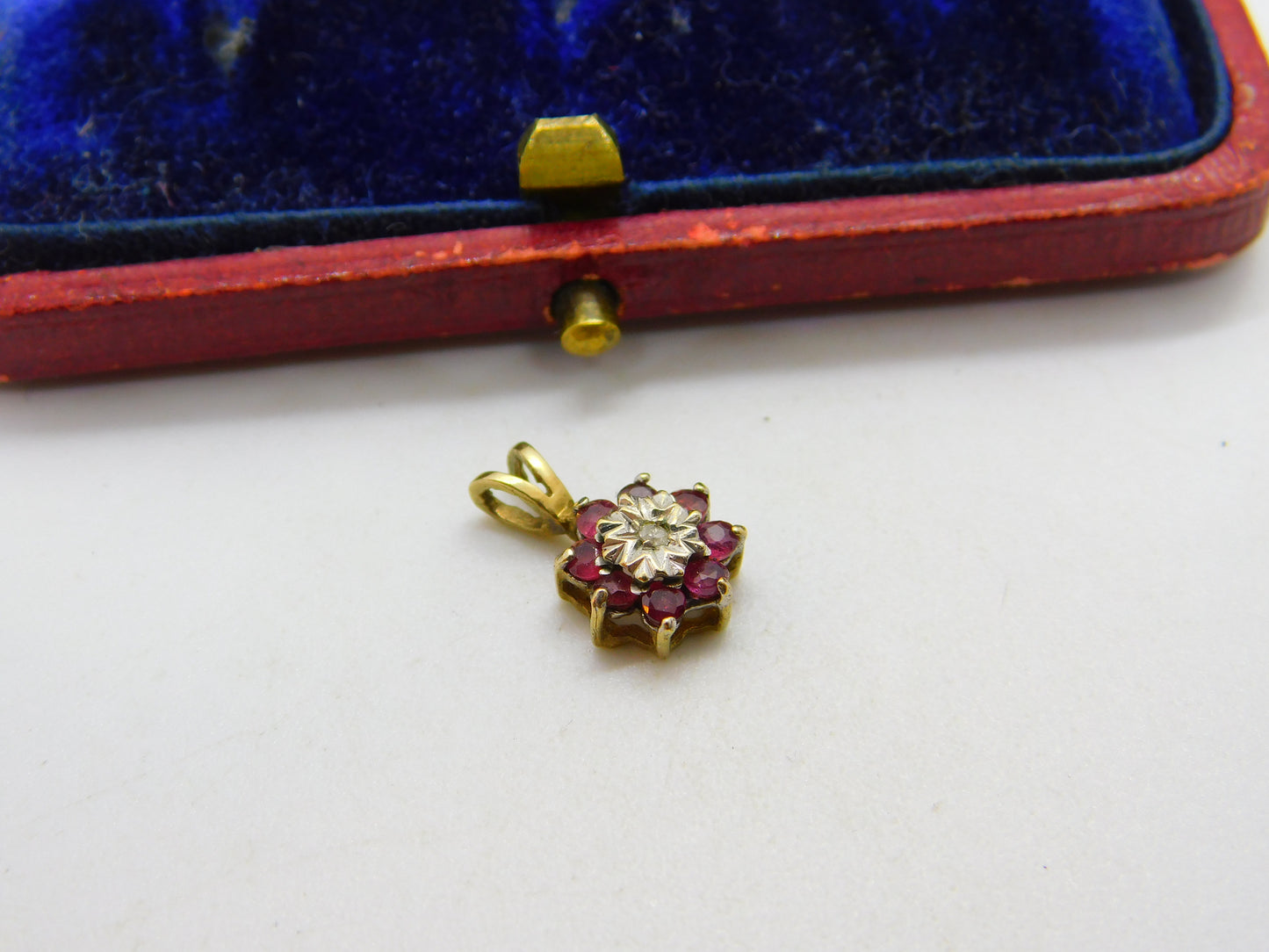 9ct Yellow Gold, Ruby & Diamond Floral Cluster Drop Pendant 1989 London