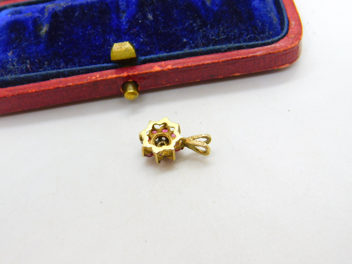 9ct Yellow Gold, Ruby & Diamond Floral Cluster Drop Pendant 1989 London