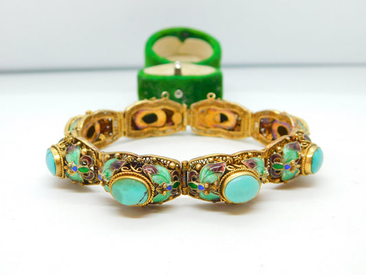 Chinese Filigree Sterling Silver Gilt, Enamel & Cabochon Turquoise Bracelet c1940