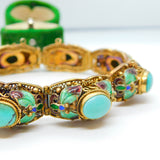 Chinese Filigree Sterling Silver Gilt, Enamel & Cabochon Turquoise Bracelet c1940