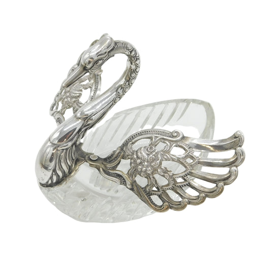 20th Century Large German .835 Silver & Cut Glass Swan Form Sweets Dish Antique c1920